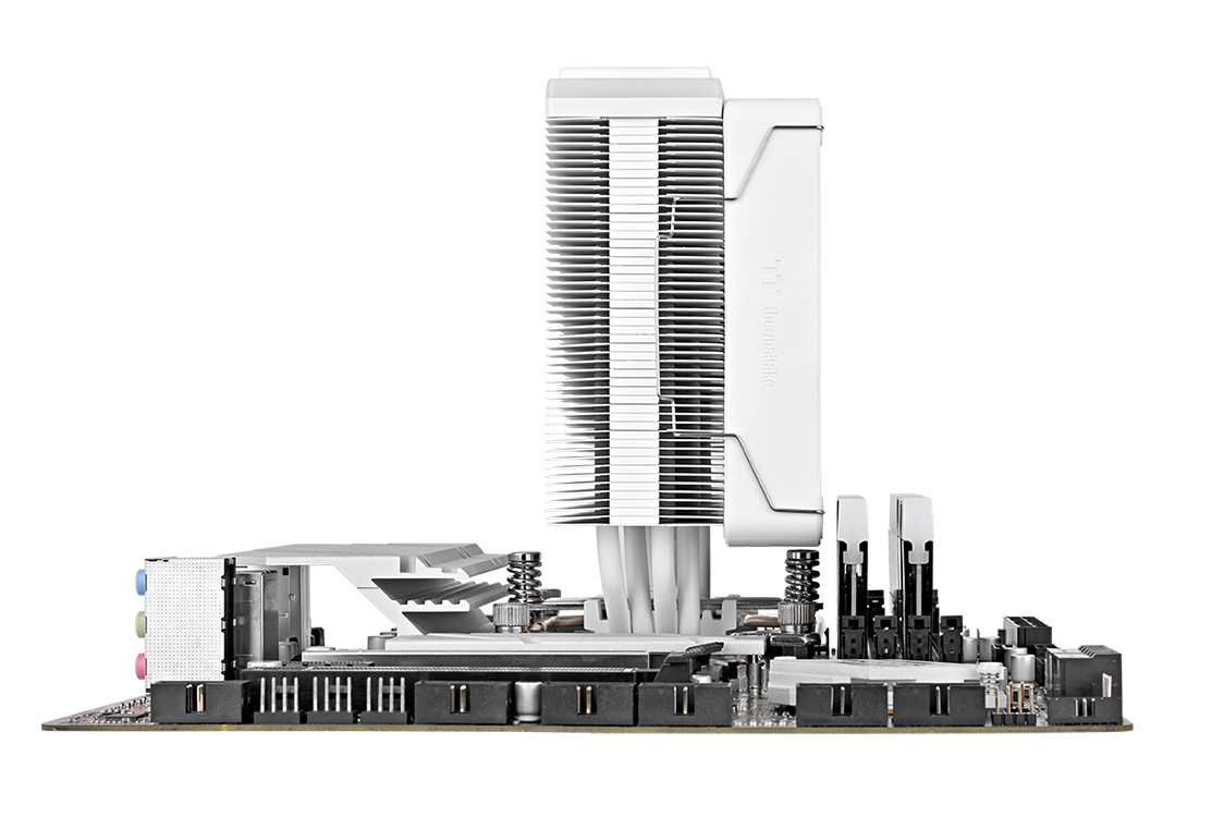 Image of ASTRIA 200 ARGB White heat pipe and fin stack showing RAM compatibility