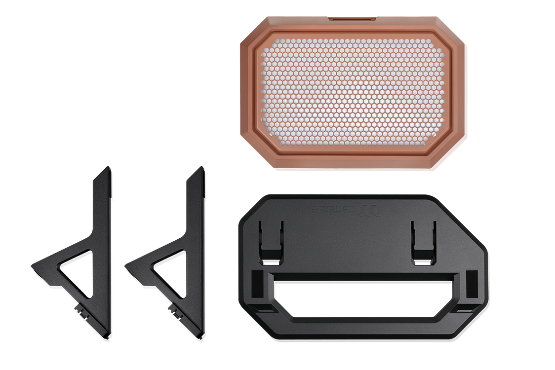 Image of The Tower 600 chassis stand in Mocha Mousse for horizontal case placement