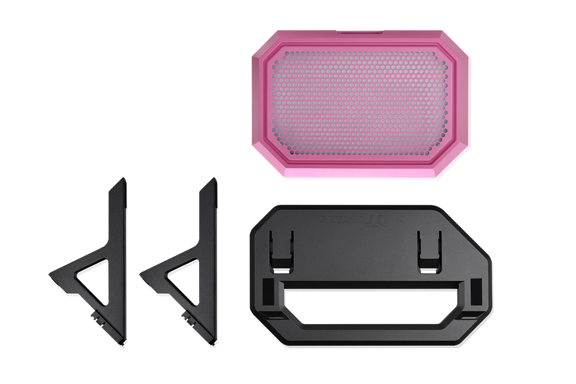 Image of The Tower 600 chassis stand in Bubble Pink for horizontal case placement