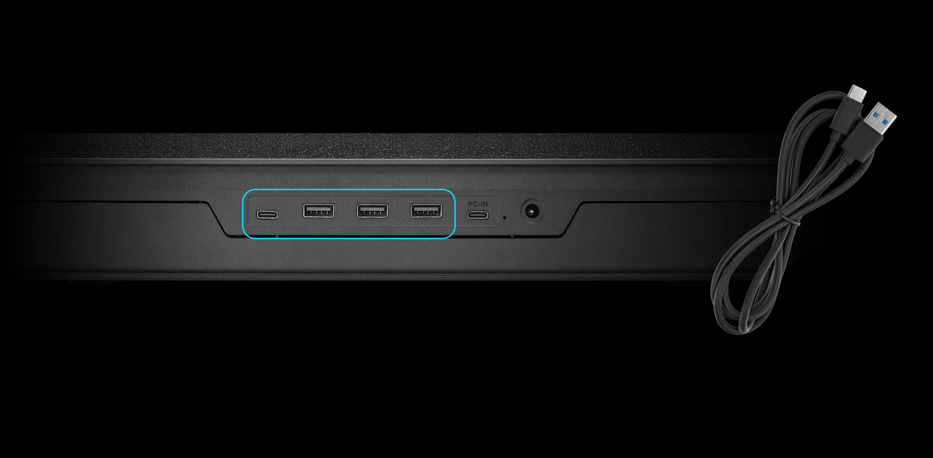 Back view of the Massive EXTREME showing three USB 2.0 ports and one USB 3.2 Type-C port for peripherals.